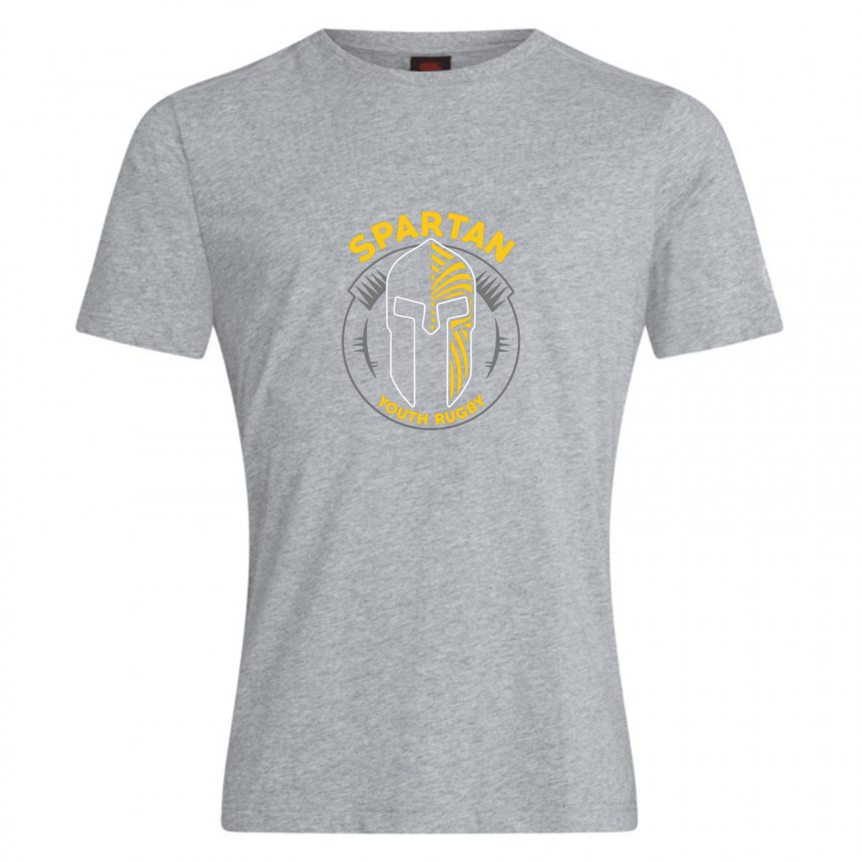 The Spartan Youth Rugby Club Plain Tee by WRS Canterbury is a gray cotton blend shirt featuring a stylized Spartan helmet and "SPARTAN YOUTH ACADEMY" in yellow and white on the front.