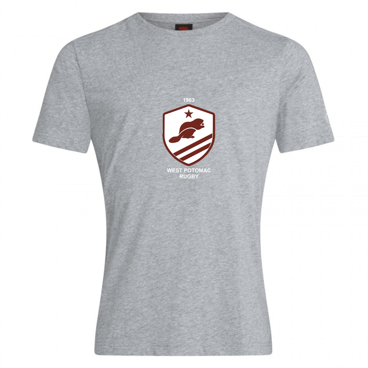 The West Potomac RFC Club Plain Tee by Canterbury from WRS Canterbury is a gray cotton-blend short-sleeve shirt with a maroon shield logo, beaver, star, "1963," and "West Potomac Rugby" text—classic style for fans.