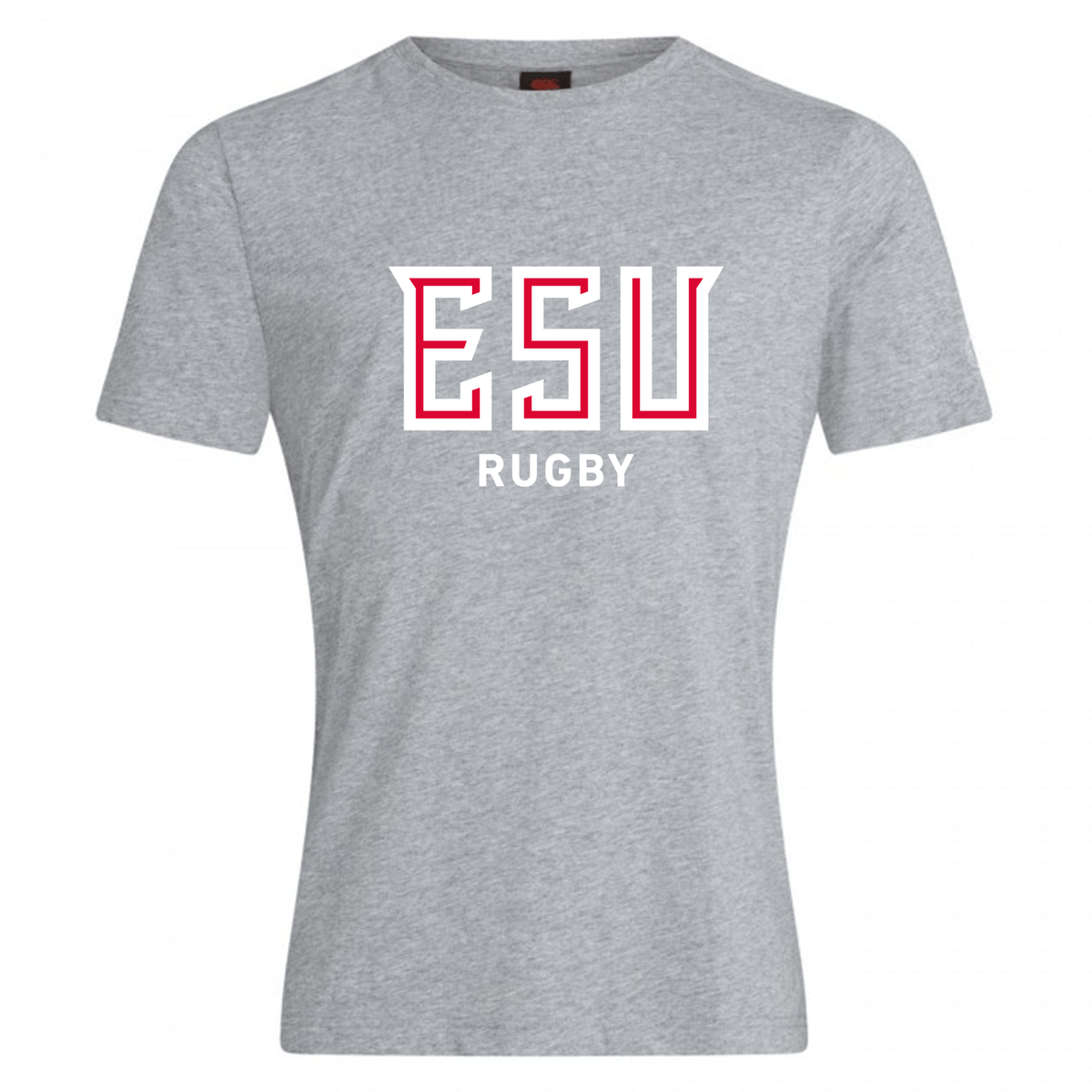 The East Stroudsburg University Club Plain Tee by WRS Canterbury is a gray cotton blend short-sleeve shirt featuring large red and white "ESU" letters and smaller white "RUGBY" text on the chest.