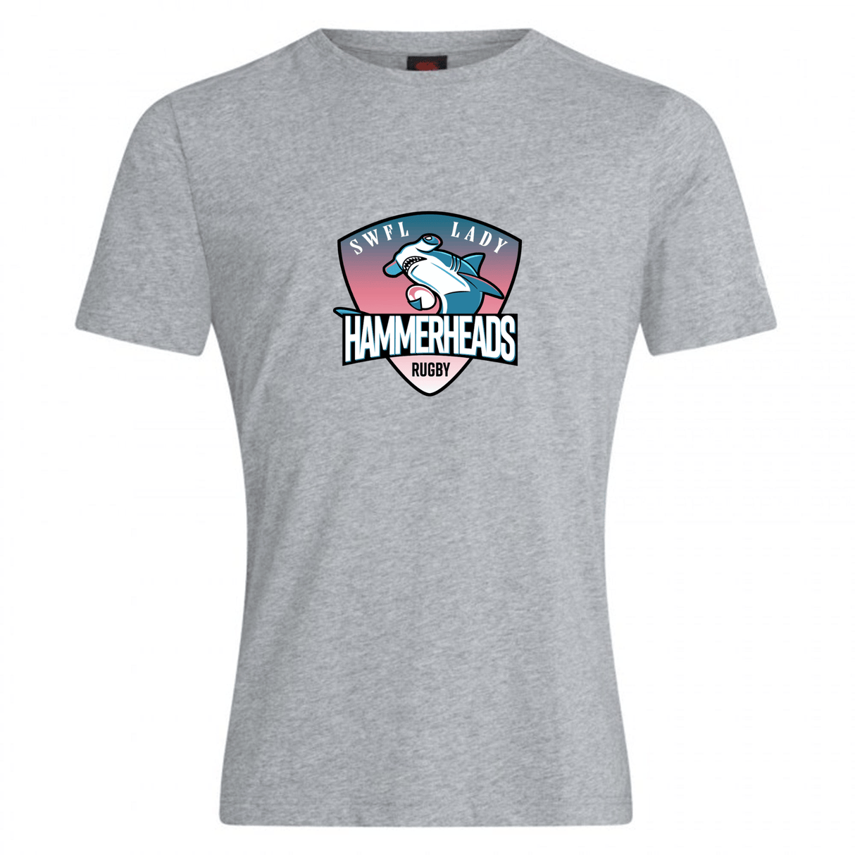 The SWFL Lady Hammerheads Club Plain Tee by WRS Canterbury is a gray cotton-blend short-sleeve shirt featuring a stylized hammerhead shark and "SWPL Lady Hammerheads Rugby" logo on the chest.