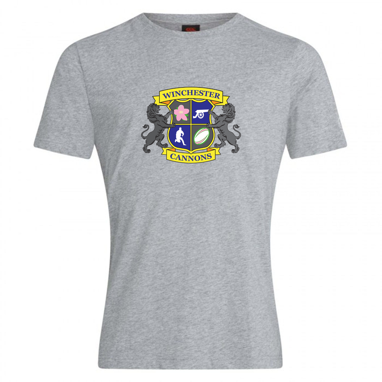 The WRS Canterbury Winchester Cannons Club Plain Tee is a gray cotton blend t-shirt with a chest crest and four symbols, featuring the words "Winchester Cannons.