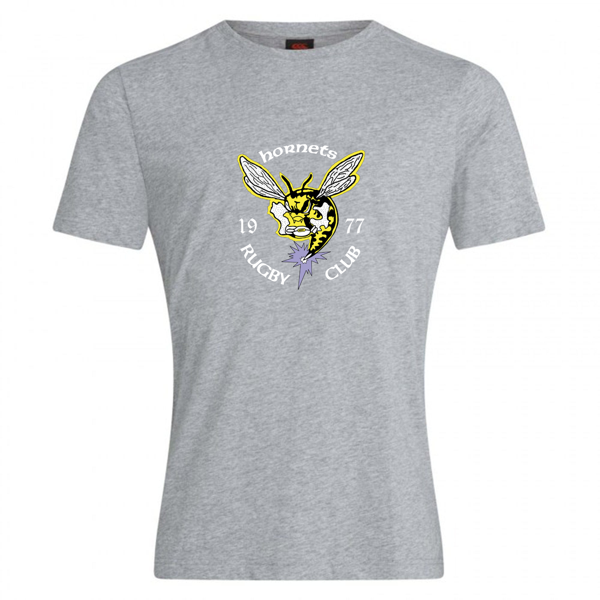 The Hornets Rugby Club 1977 Club Plain Tee by Canterbury from WRS Canterbury is a gray cotton blend shirt showcasing a yellow hornet graphic and “Hornets Rugby Club 1977” printed on the chest. This customizable t-shirt unites classic comfort with club spirit.