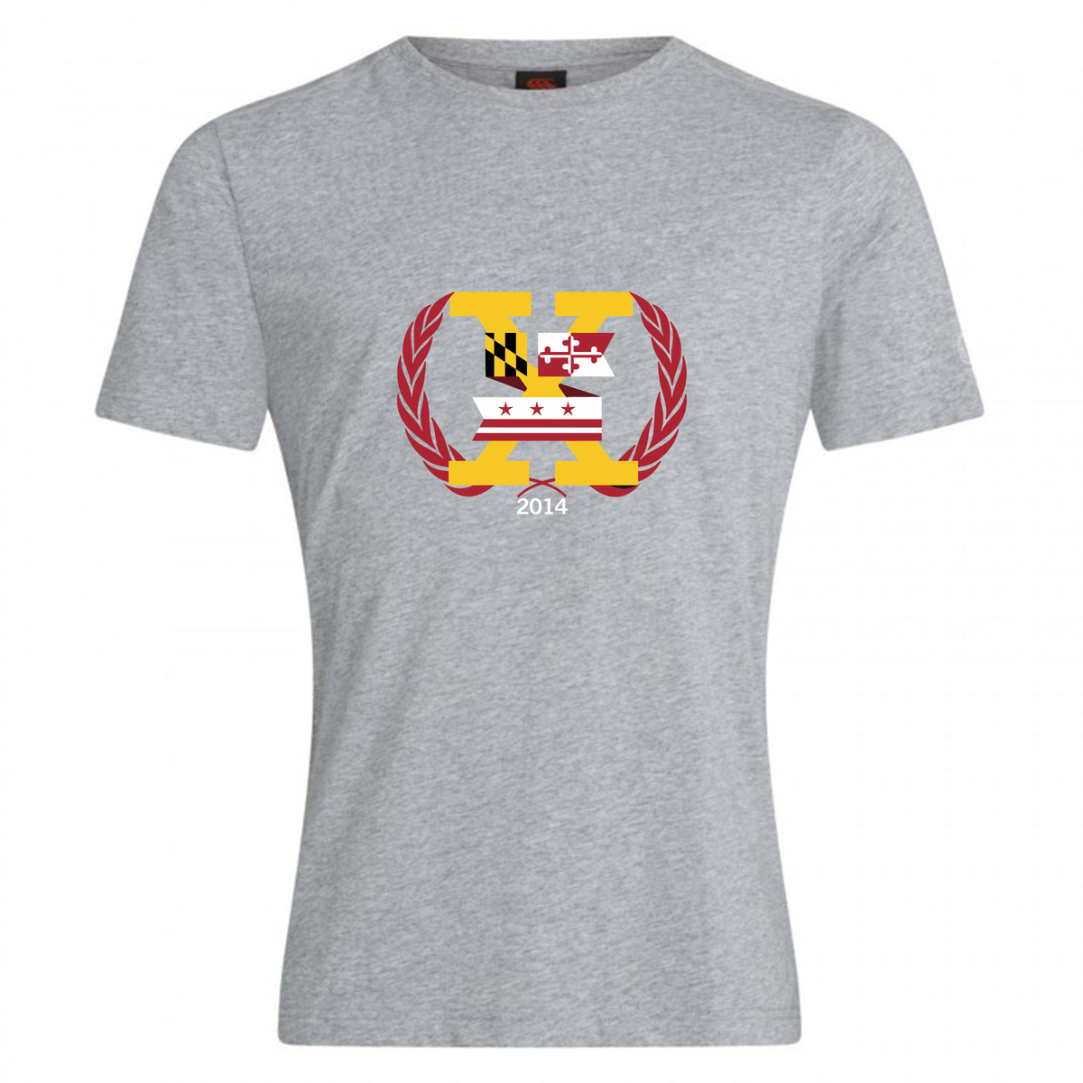 WRS Canterbury Potomac Exiles Rugby Club Plain Tee: a gray cotton blend t-shirt featuring a crest with the Maryland and D.C. flags, red laurel branches, and "2014" printed below the design.