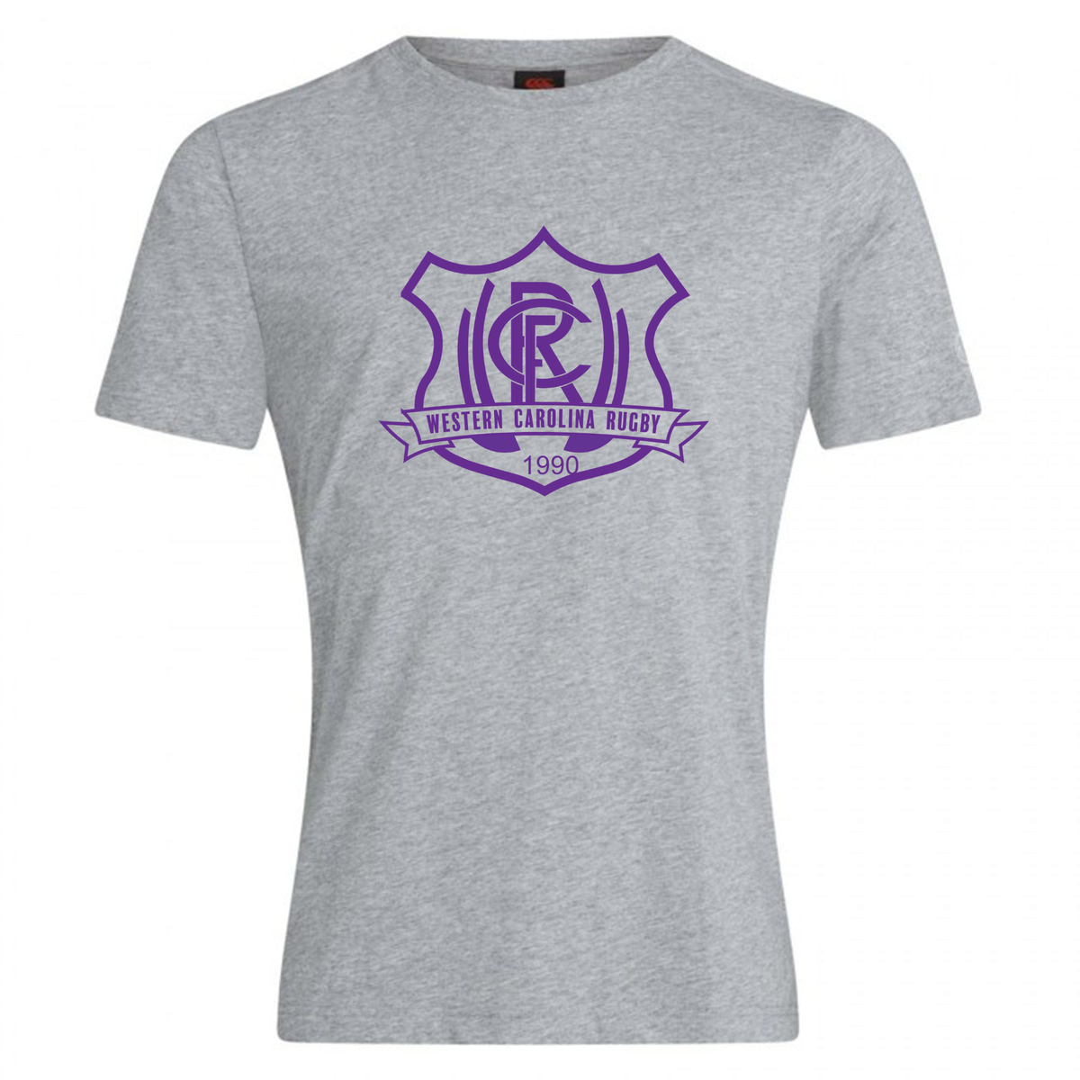 Grey short-sleeved cotton blend Western Carolina University Club Plain Tee by Canterbury with a purple Western Carolina Rugby crest printed on the center of the chest.