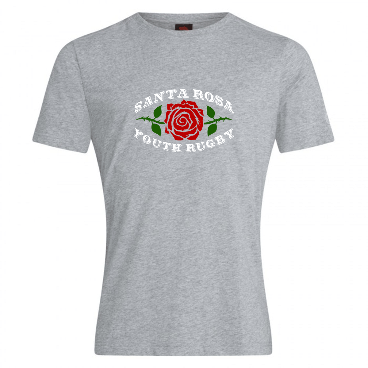 The Santa Rosa Youth Rugby Club Plain Tee by Canterbury from WRS Canterbury is a gray cotton-blend T-shirt featuring a red rose graphic with white “Santa Rosa Youth Rugby” text above and below the rose, offering comfortable everyday wear.