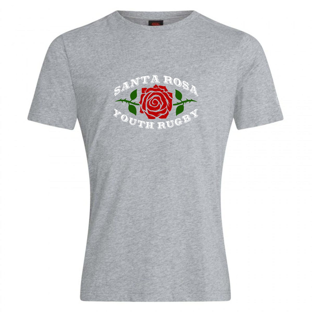 The Santa Rosa Youth Rugby Club Plain Tee by Canterbury from WRS Canterbury is a gray cotton-blend T-shirt featuring a red rose graphic with white “Santa Rosa Youth Rugby” text above and below the rose, offering comfortable everyday wear.