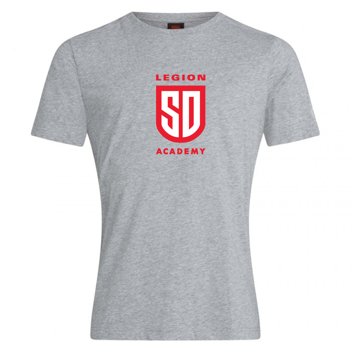 Grey cotton blend Legion Academy Club Plain Tee by Canterbury featuring a red “Legion Academy” logo and “SD” emblem on the chest.