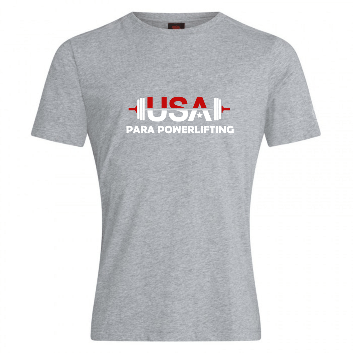 The WRS Canterbury USA Para Powerlifting Club Plain Tee by Canterbury is a gray cotton blend T-shirt featuring "USA Para Powerlifting" with a barbell graphic in the word "USA.