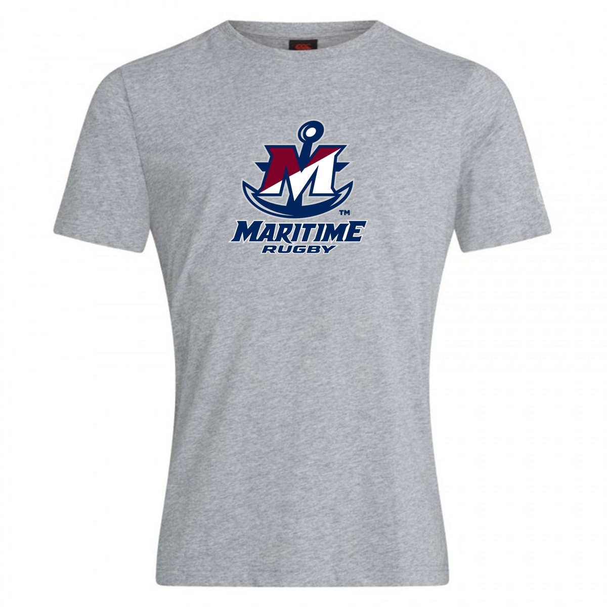 Gray SUNY Maritime Men’s Rugby Club Plain Tee by Canterbury with a maroon and blue Maritime Rugby anchor logo on the chest.