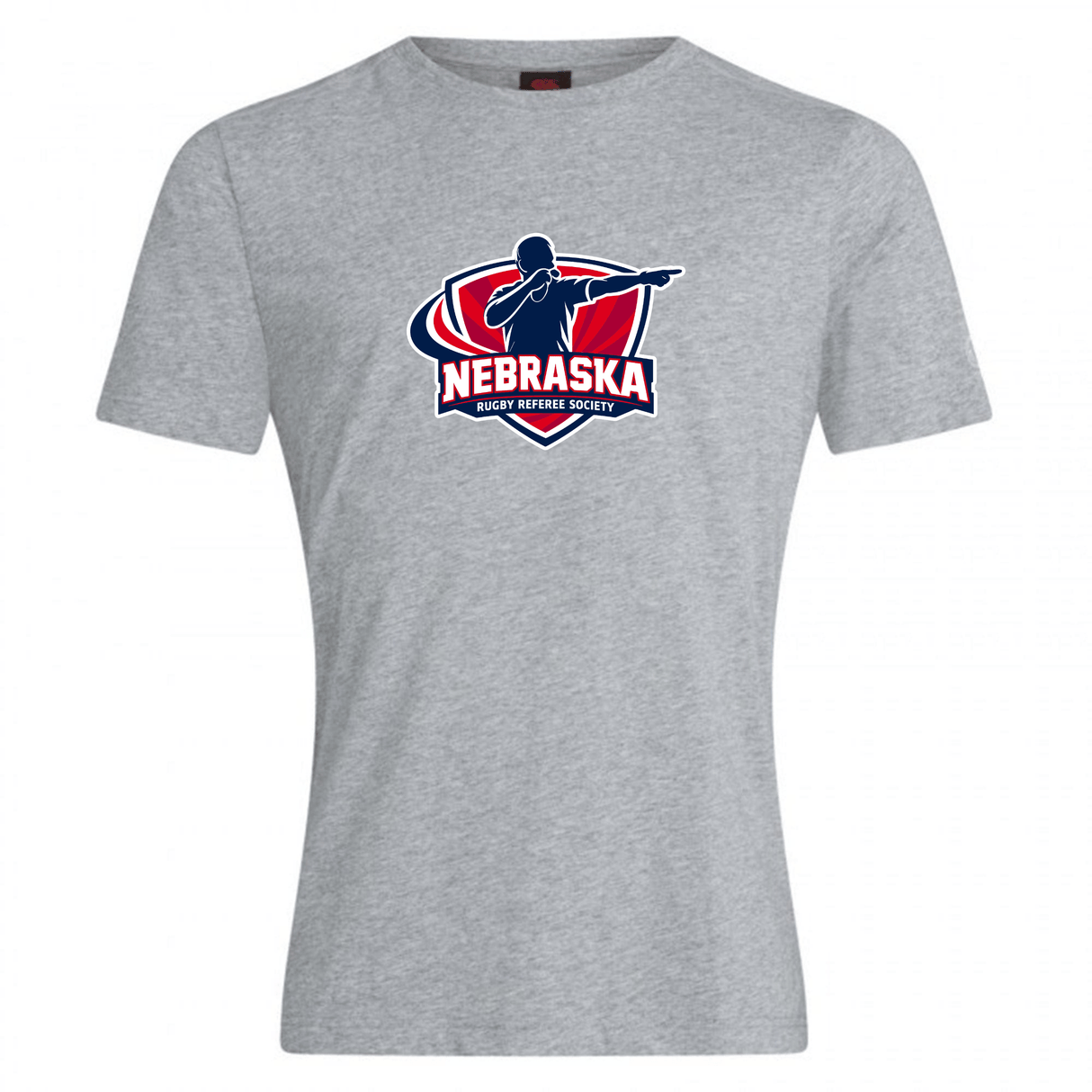 The WRS Canterbury Nebraska Rugby Referee Society Club Plain Tee is a gray cotton blend shirt featuring a rugby referee silhouette and red, white, and blue logo details.