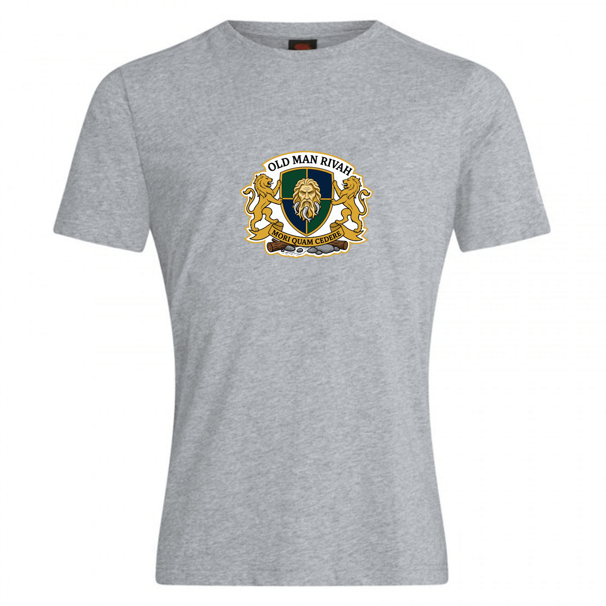The Old Man Rivah Rugby Club Plain Tee by WRS Canterbury features a gray cotton blend, a heraldic lion and bearded face crest, and "Old Man Rivah Corn Cobbin’ Classic" text for comfort and unique style.