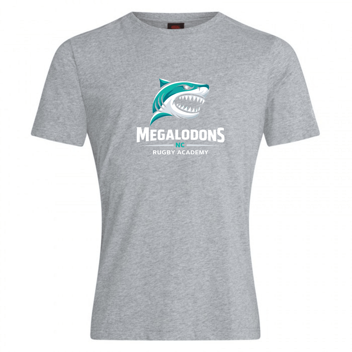 The WRS Canterbury NC Rugby Academy - Megalodons Club Plain Tee is a grey cotton blend t-shirt with a stylized shark logo above "MEGALODONS NC RUGBY ACADEMY" in white and teal lettering.