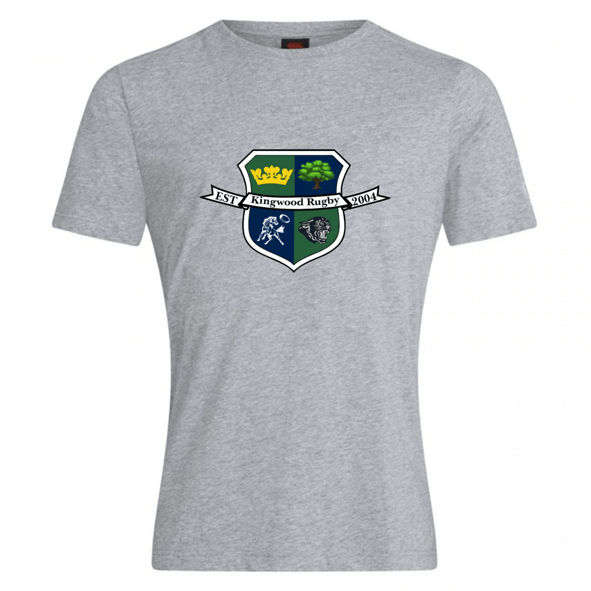 The Kingwood Rugby Club Plain Tee by WRS Canterbury is a grey cotton blend shirt with a shield featuring a crown, tree, rugby player, ball, and a banner that reads "Est 2004 Kingwood Rugby.