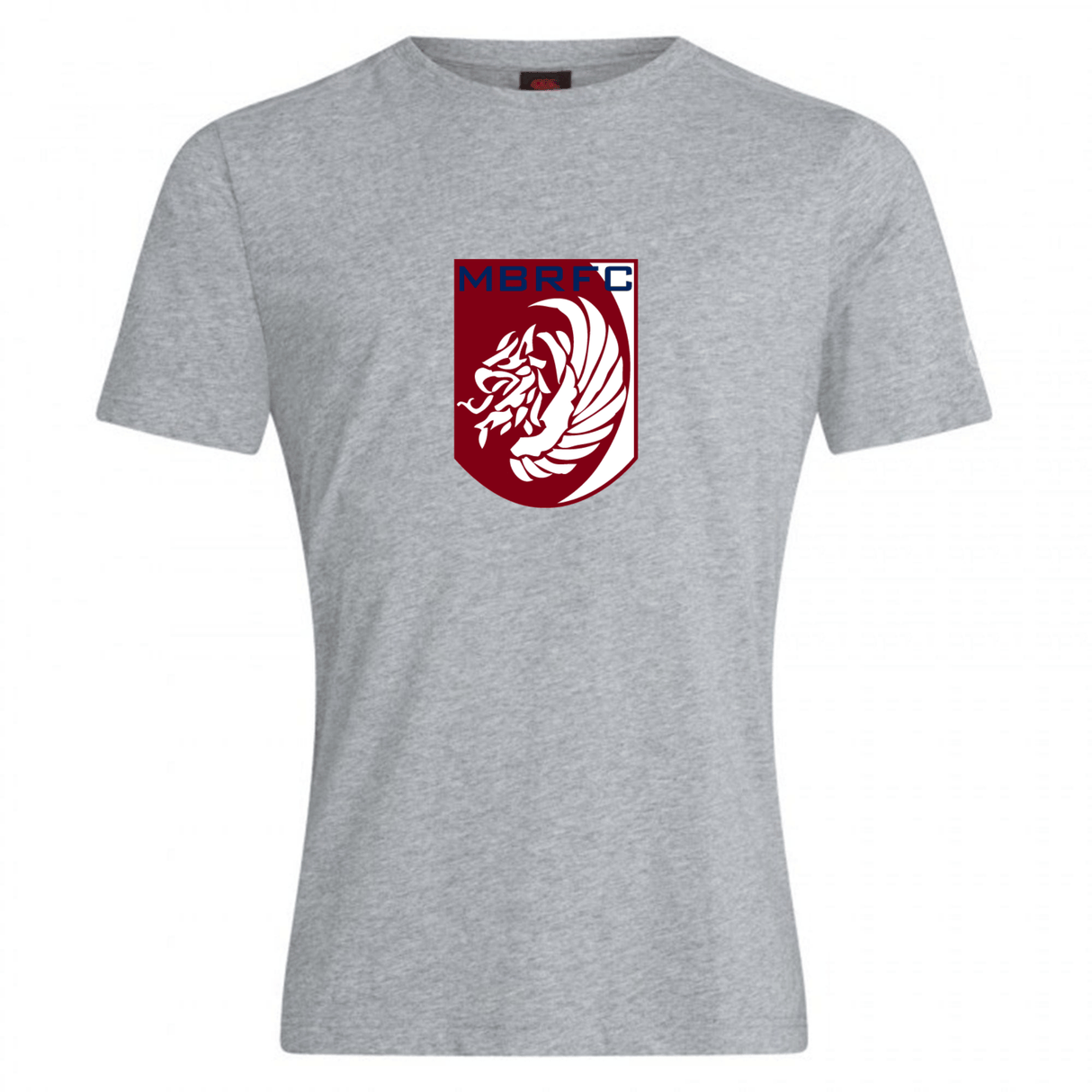 The Montgomery Bucks Griffins Club Plain Tee by WRS Canterbury is a light grey cotton-blend customizable shirt featuring a maroon and white lion crest with “MBRFC” in blue above the lion.