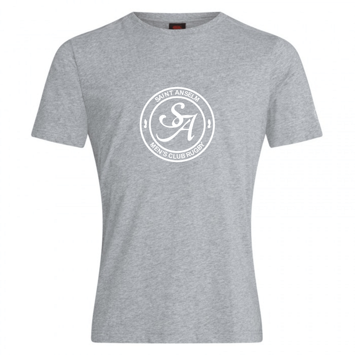 The WRS Canterbury Saint Anselm College Club Rugby Club Plain Tee is a light grey cotton blend featuring a central white circular logo with "Saint Anselm Men's Club Rugby" and stylized "SA" initials.