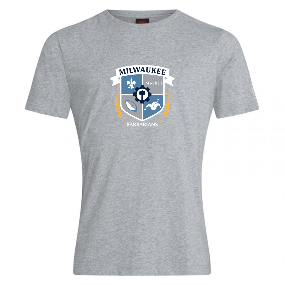 The Milwaukee Barbarians Rugby Club Plain Tee by WRS Canterbury features a grey cotton blend and team crest—a customizable, stylish t-shirt for fans.