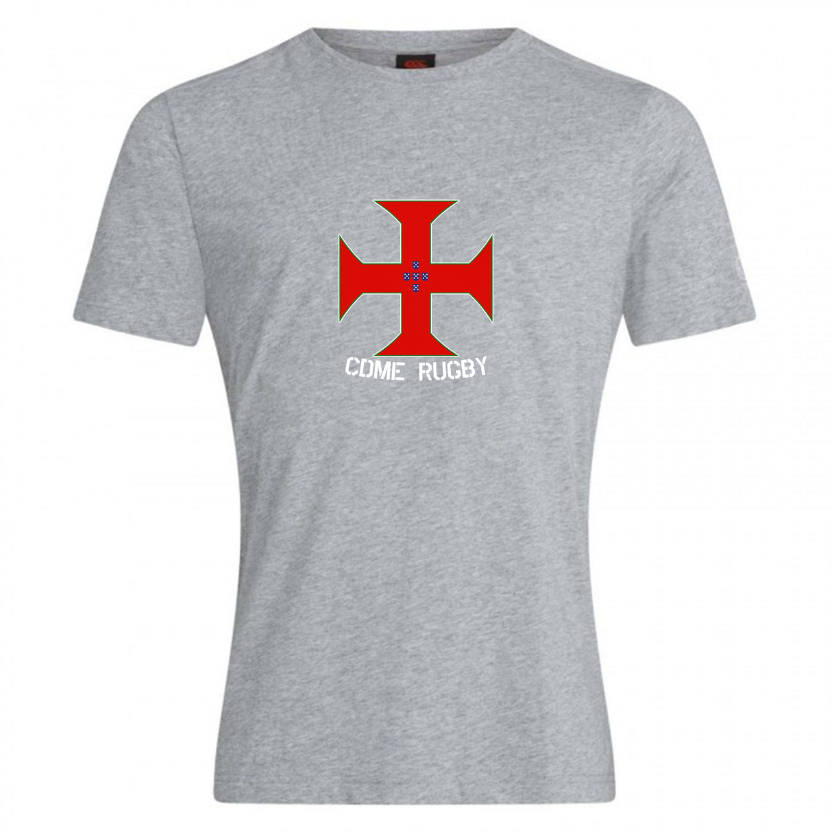 WRS Canterbury's SF CDME Rugby Club Plain Tee is a gray cotton blend shirt featuring a central red cross emblem with subtle blue details above the white "CDME RUGBY" text.