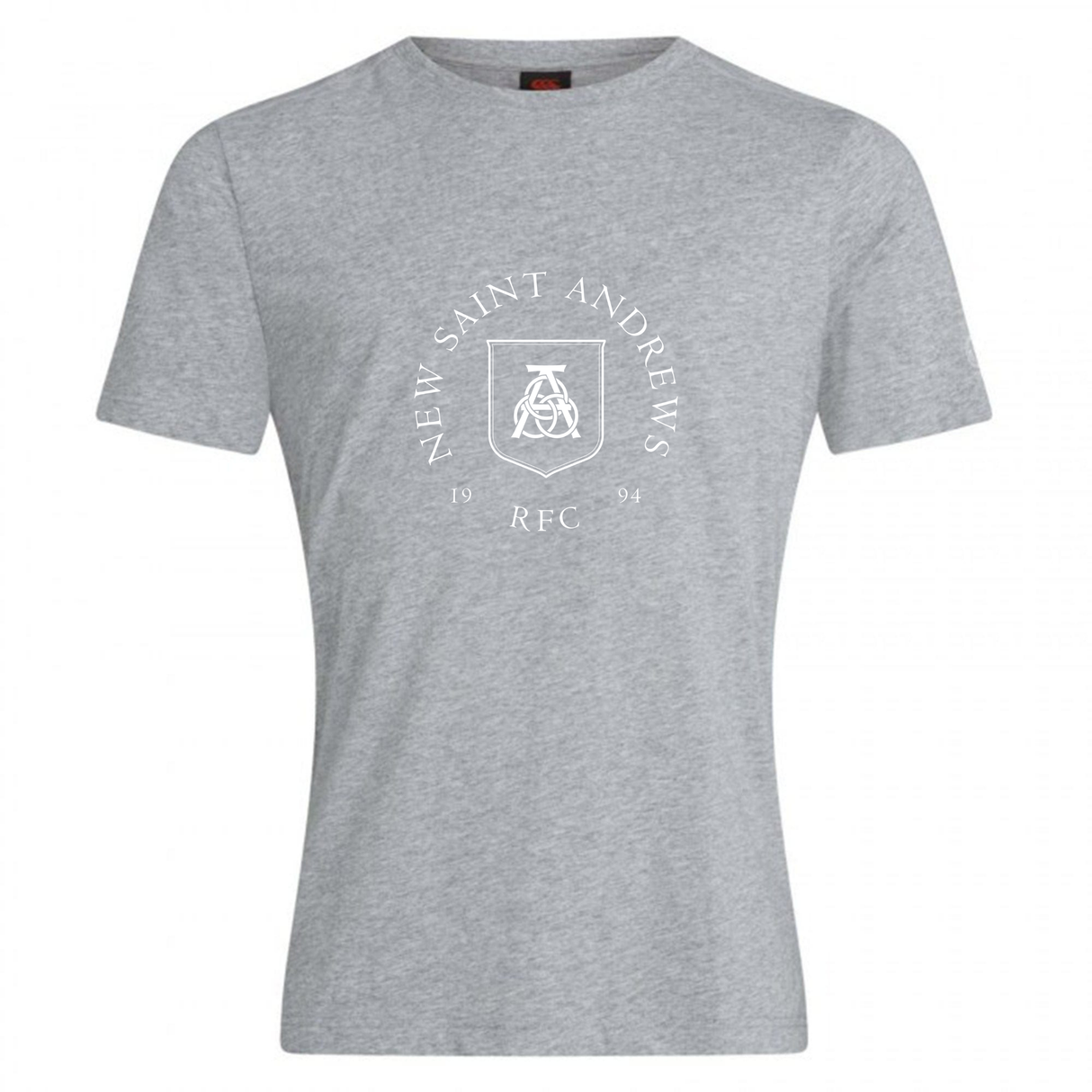 A grey short-sleeve cotton blend “New Saint Andrews College Club Plain Tee” by WRS Canterbury, featuring “New Saint Andrews RFC 1994” and a shield logo printed in white on the chest.