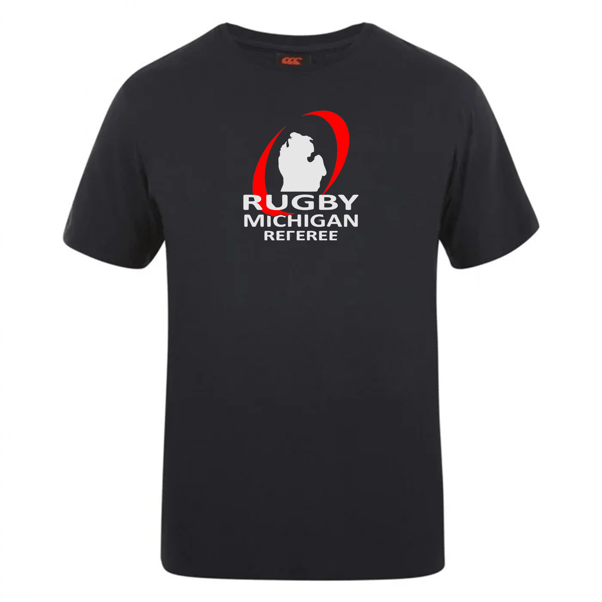 The WRS Canterbury Rugby Michigan Referee Society Club Plain Tee is a black premium cotton-heavy blend T-shirt featuring "Rugby Michigan Referee" and a silhouette logo in white and red on the front.