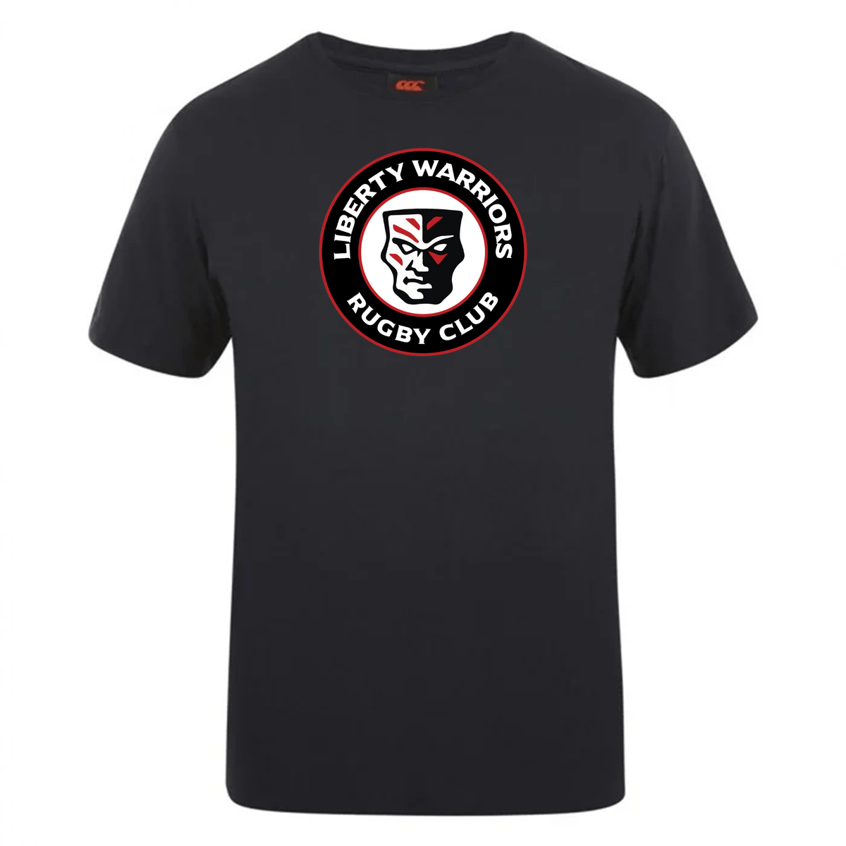 Introducing the Liberty Lake Warriors Club Plain Tee by Canterbury, a black t-shirt crafted from a cotton-heavy blend. It features the circular logo of the Liberty Warriors Rugby Club with a stylized face design. The subtly integrated WRS Canterbury branding enhances its sleek appeal, making it a classic choice for any rugby fan.