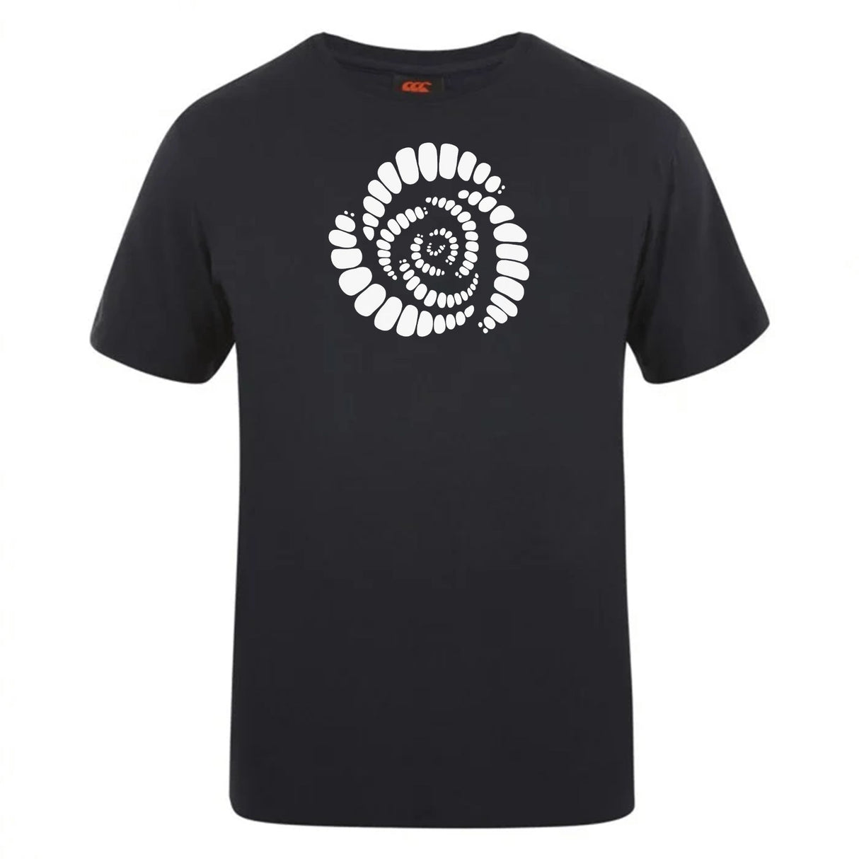 The Missoula All-Maggots Club Plain Tee by WRS Canterbury is a black cotton blend t-shirt featuring a white spiral design made of oval-shaped segments at the center of the chest, making it a stylish yet comfortable customizable option for any wardrobe.