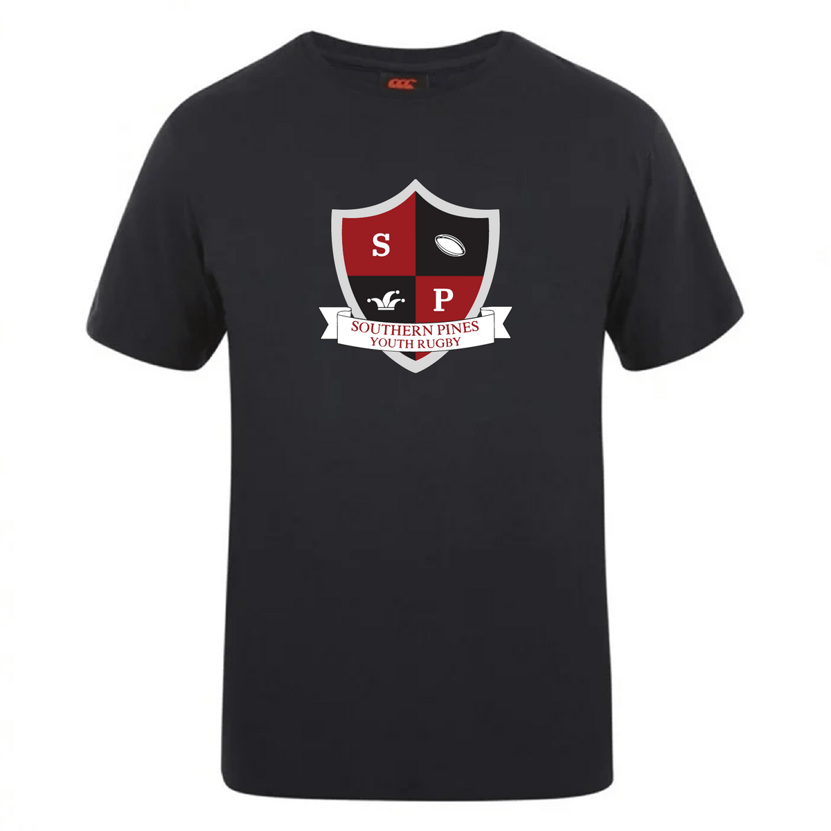 The Southern Pines Youth Rugby Club Plain Tee by Canterbury, crafted from premium cotton blend, features a shield logo with "SP," "Southern Pines Youth Rugby" text, rugby ball, and bird icons. Inspired by CCC Club Plain T-shirt for those wanting style and comfort on and off the field. Brand: WRS Canterbury.