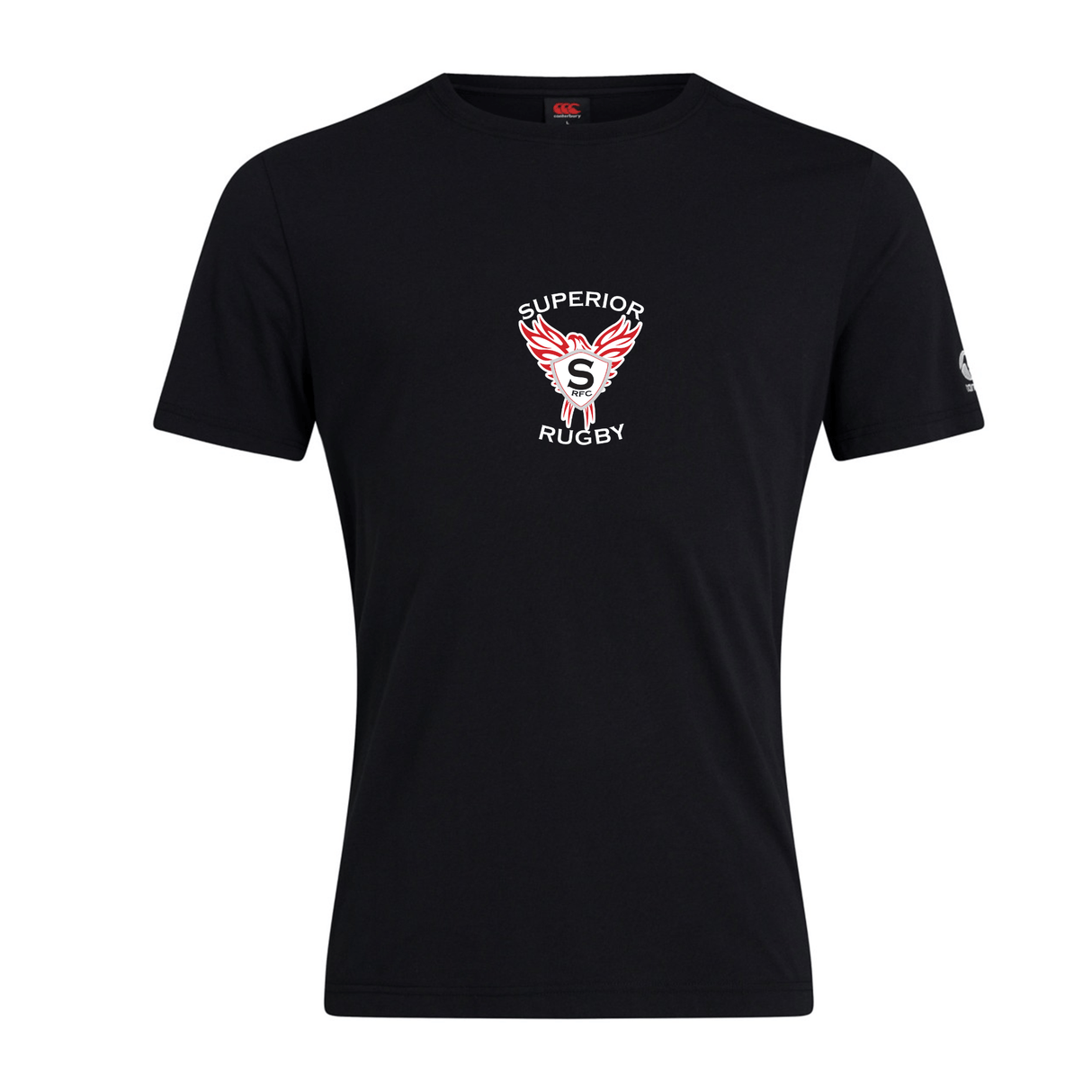 The WRS Canterbury Superior Rugby Club Plain Tee is a black cotton-blend short-sleeve T-shirt with a red and white "Superior Rugby" emblem and winged "S" logo printed on the chest.