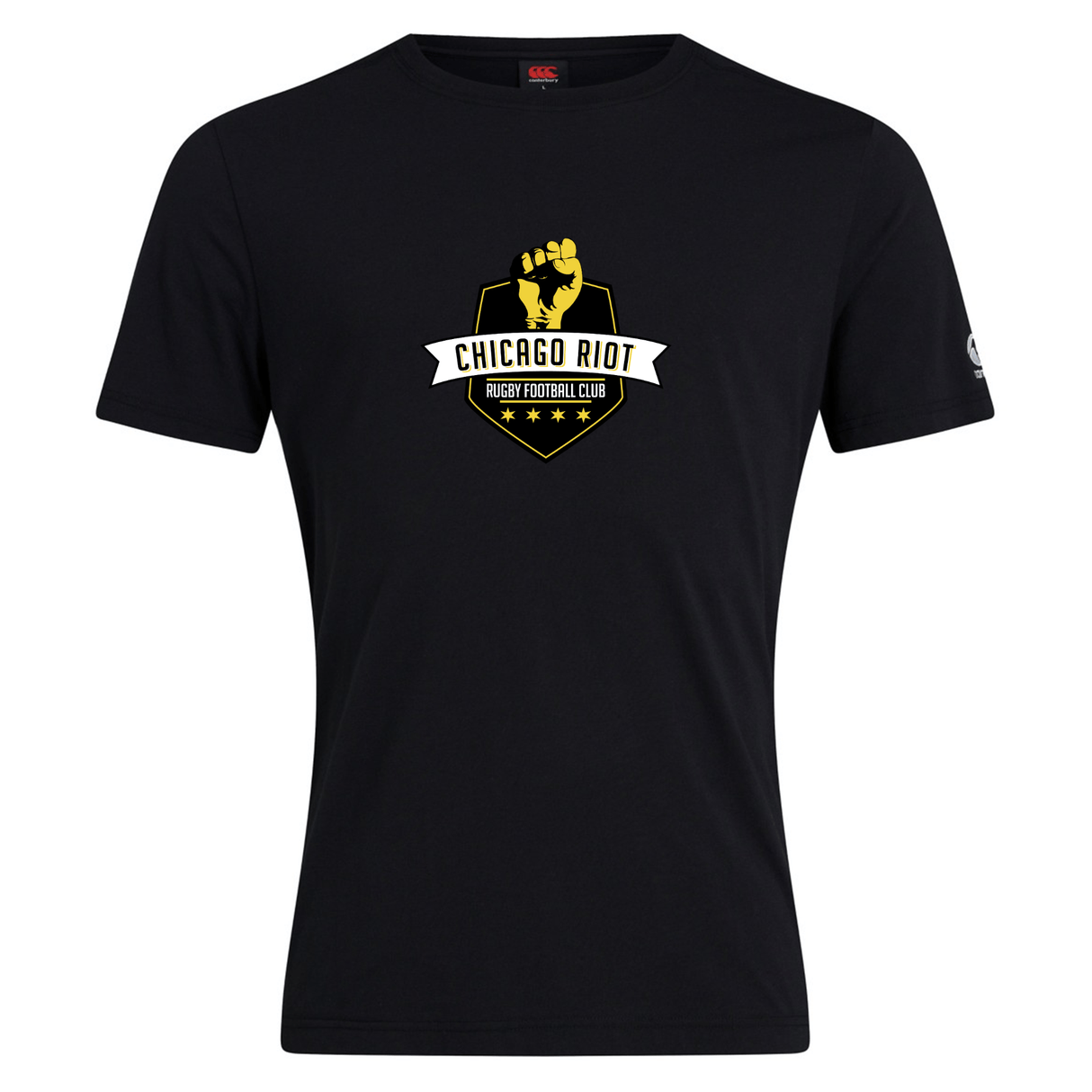 The Chicago Riot Club Plain Tee by WRS Canterbury is a black cotton-blend shirt with a yellow and white "Chicago Riot Rugby Football Club" logo featuring a raised fist and stars on the front.