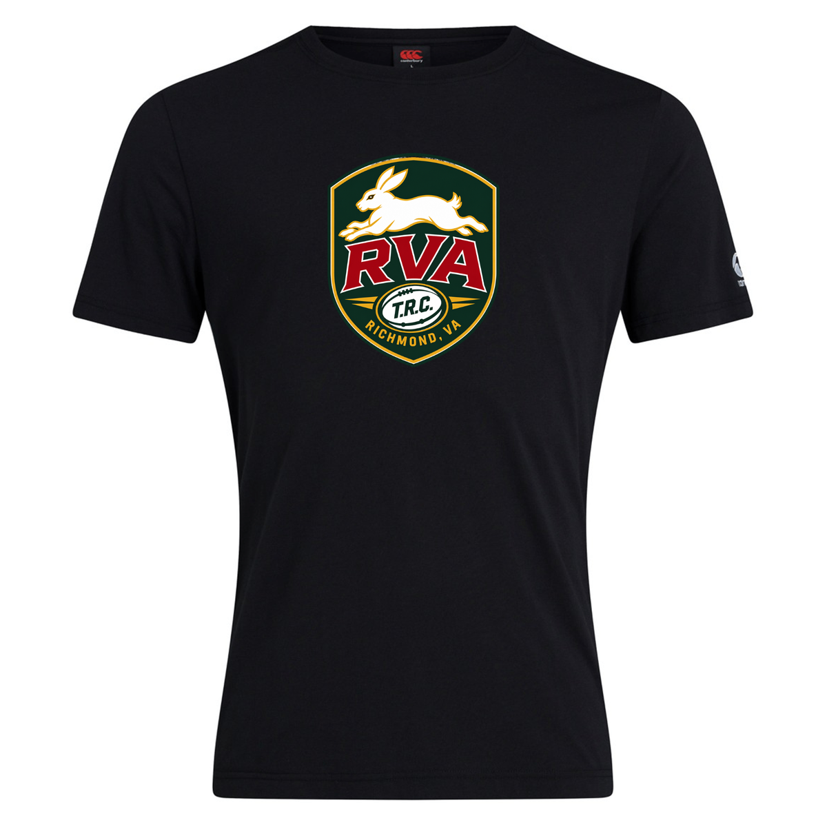 Black cotton-blend tee featuring a centered crest logo with a white rabbit, “RVA” in red, “T.R.C.” underneath, and “Richmond, VA” at the bottom—making the WRS Canterbury RVA T.R.C. Club Plain Tee by Canterbury a standout addition to any collection.