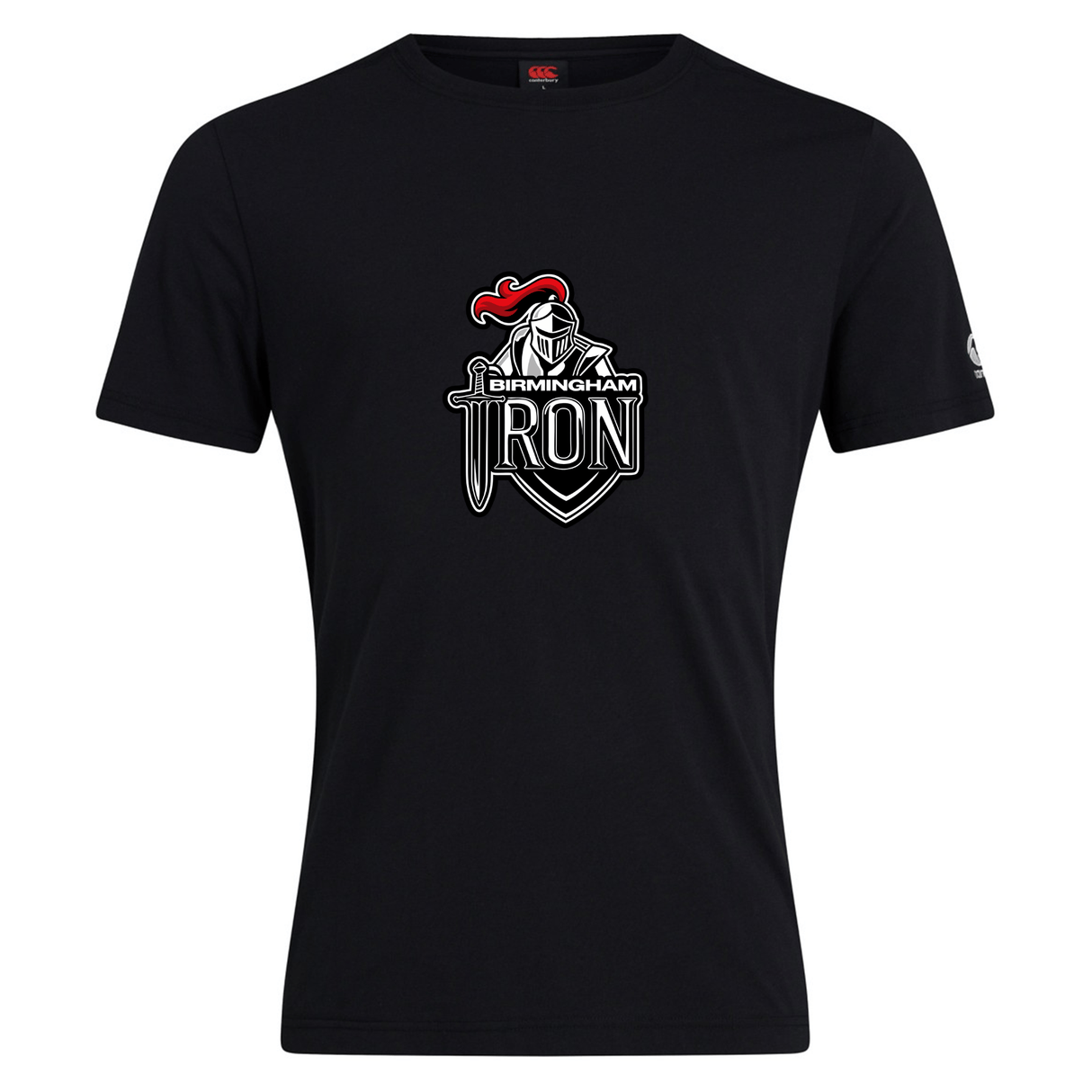The Birmingham Iron Women's Football Club Plain Tee by WRS Canterbury is a black cotton blend shirt featuring the team's logo—ideal as a customizable tee for fans.