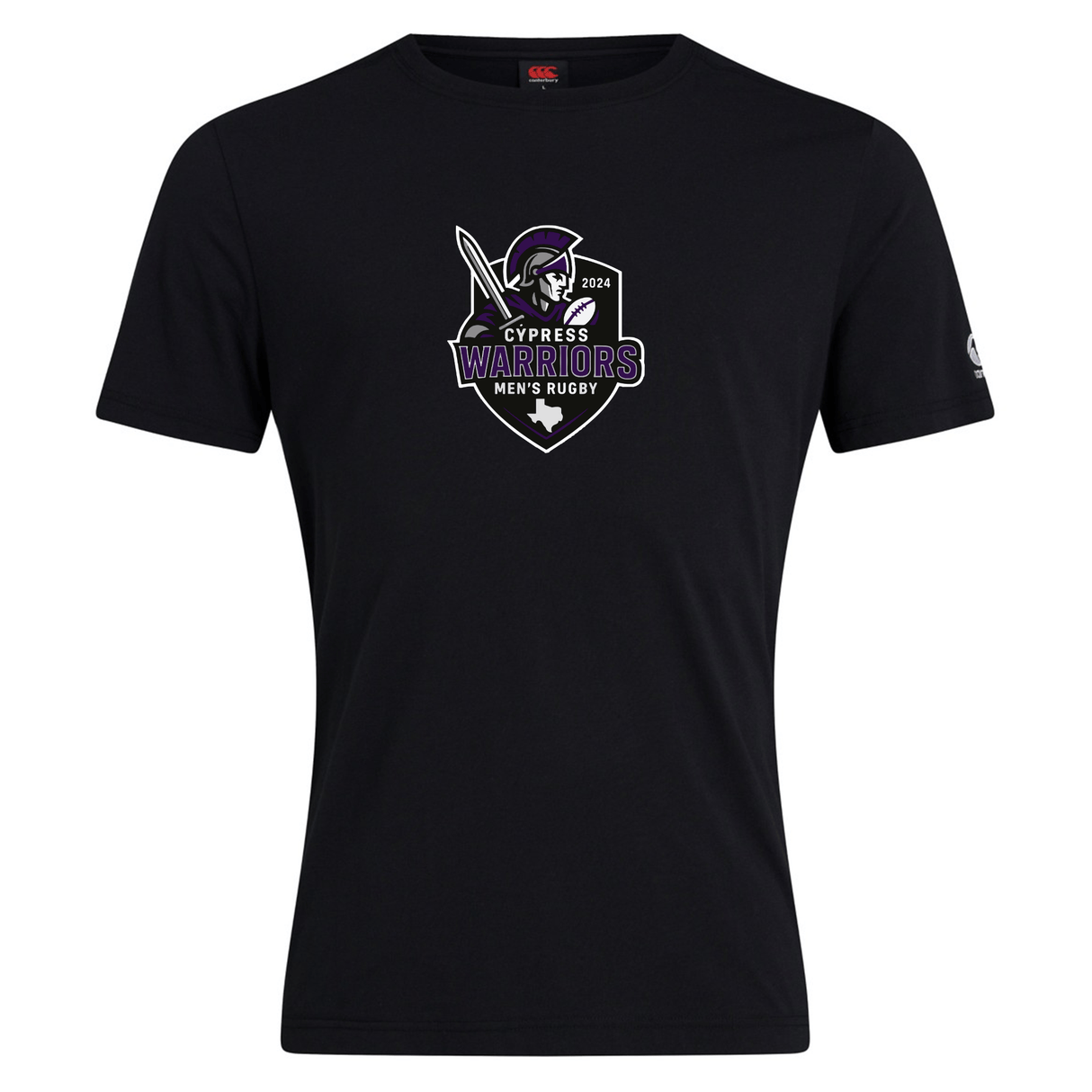 The Cypress Warriors Men's Rugby Club Plain Tee by WRS Canterbury features a helmeted warrior and shield "Cypress Warriors Men's Rugby 2024" logo on black cotton-blend. Customizable for team spirit.