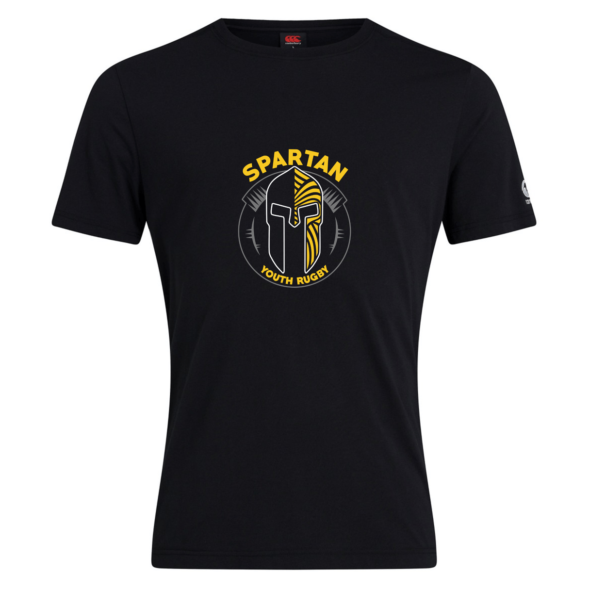 The Spartan Youth Rugby Club Plain Tee by WRS Canterbury is a black cotton blend shirt featuring a yellow and white stylized Spartan helmet logo on the chest.