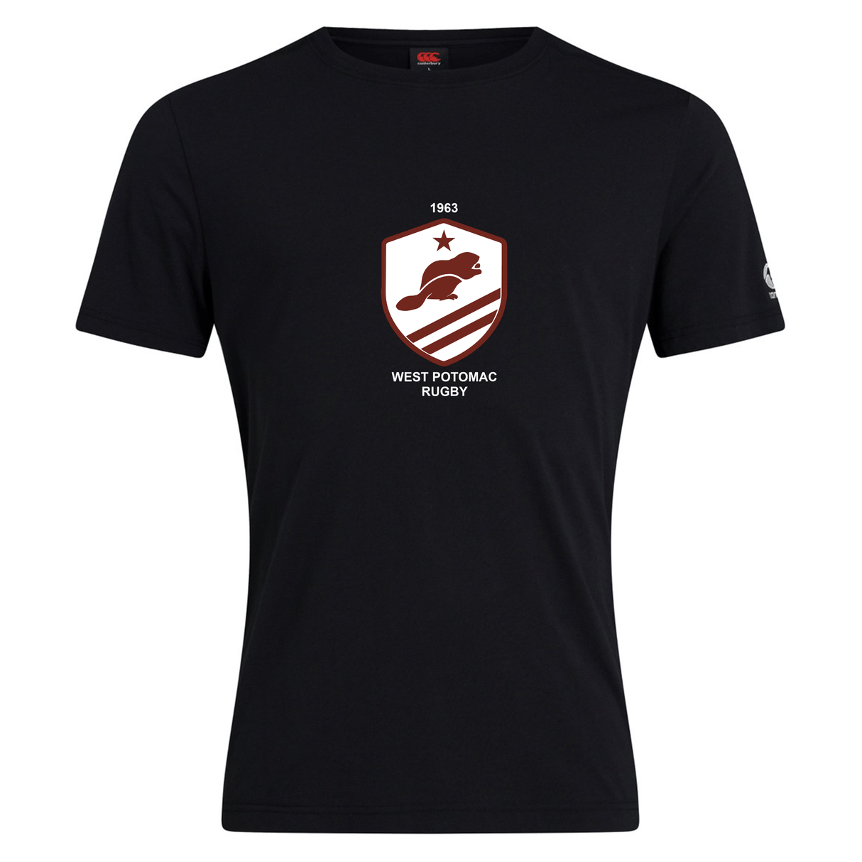 The West Potomac RFC Club Plain Tee by Canterbury, from WRS Canterbury, is a black cotton blend featuring a front shield logo with a beaver, star, “West Potomac Rugby” text, and the year 1963.