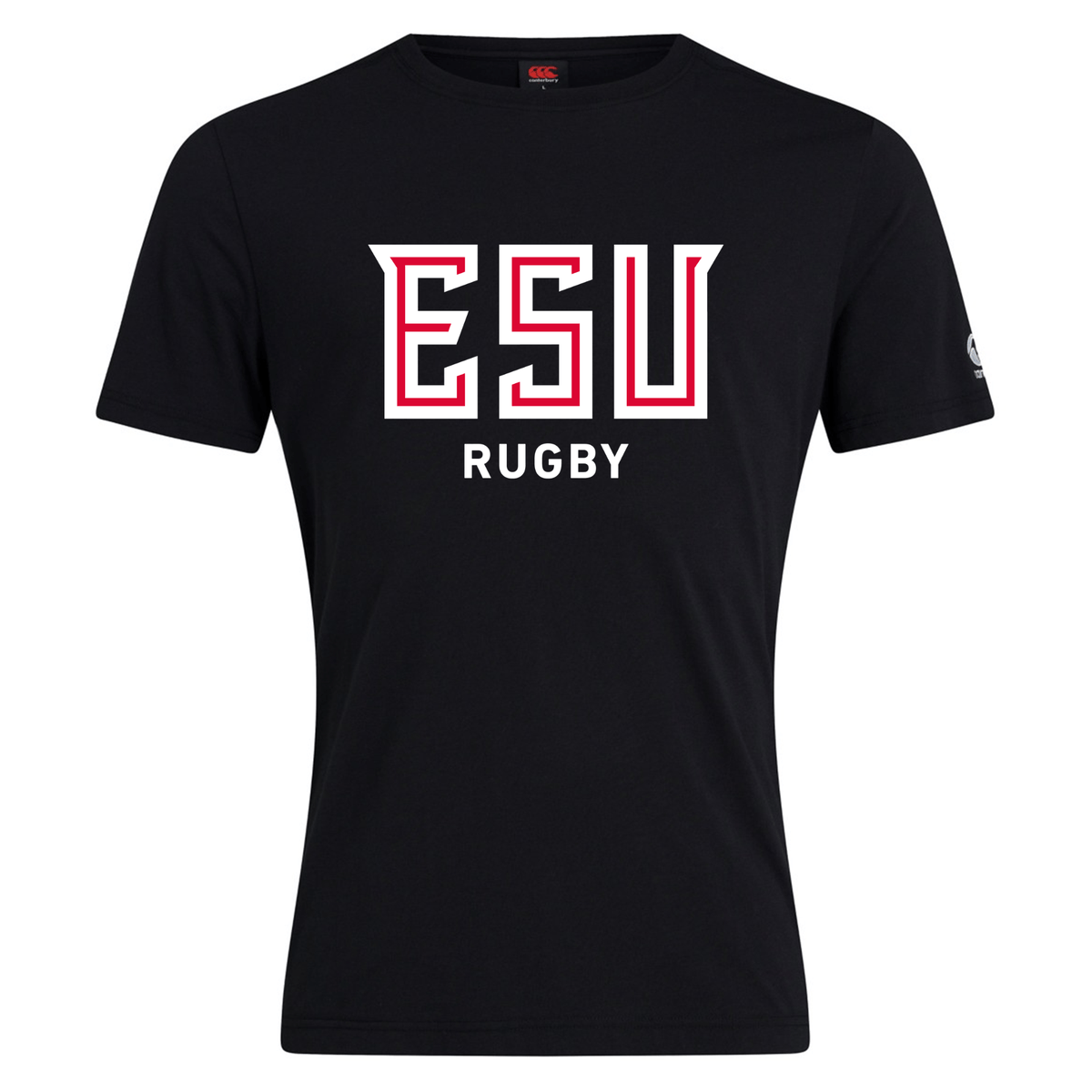 The East Stroudsburg University Club Plain Tee by WRS Canterbury is a black cotton blend t-shirt featuring bold "ESU Rugby" print in white and red—a standout customizable shirt for fans.