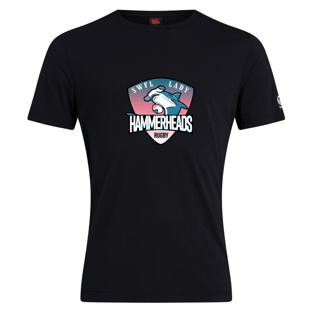 The SWFL Lady Hammerheads Club Plain Tee by Canterbury, from WRS Canterbury, is a black cotton blend t-shirt featuring a stylized hammerhead shark logo on the chest.