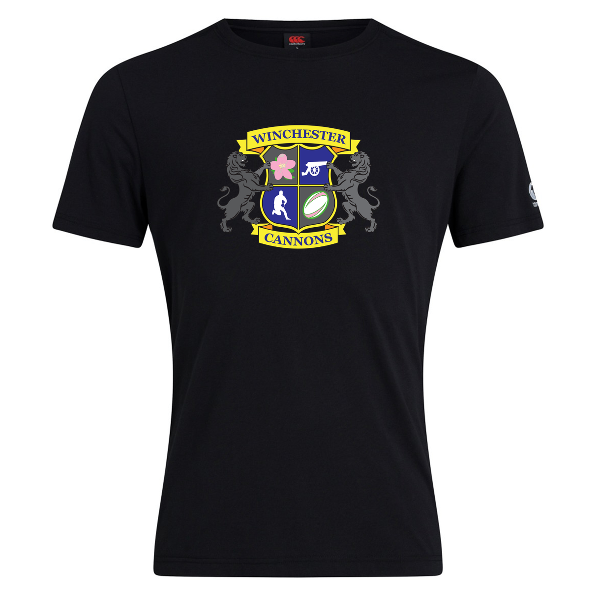 The Winchester Cannons Club Plain Tee by WRS Canterbury is a black cotton blend shirt with a colorful sports and nature crest on the chest.