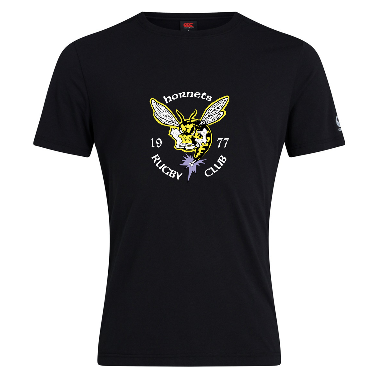 The Hornets Rugby Club 1977 Club Plain Tee by Canterbury from WRS Canterbury is a black cotton-blend t-shirt showcasing a yellow hornet logo, "hornets RUGBY CLUB," and "1977" printed on the chest. This customizable tee blends comfort and club spirit, making it perfect for any rugby fan.