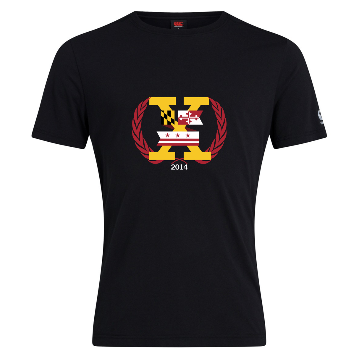 The Potomac Exiles Rugby Club Plain Tee by WRS Canterbury is a black cotton blend t-shirt featuring a large “V” with Maryland and Washington, D.C. flag elements, laurel wreath, and “2014” text on the chest.