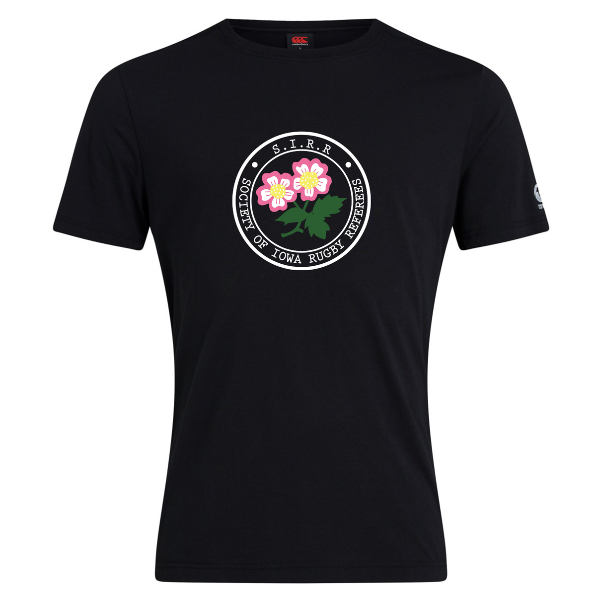 The Society of Iowa Rugby Referees Club Plain Tee by Canterbury, from WRS Canterbury, is a black cotton-blend t-shirt featuring a round logo with two pink flowers and green leaves. The logo displays the text “Society of Iowa Rugby September S.I.R.R.” This stylish and comfortable tee is perfect for rugby fans and everyday wear.