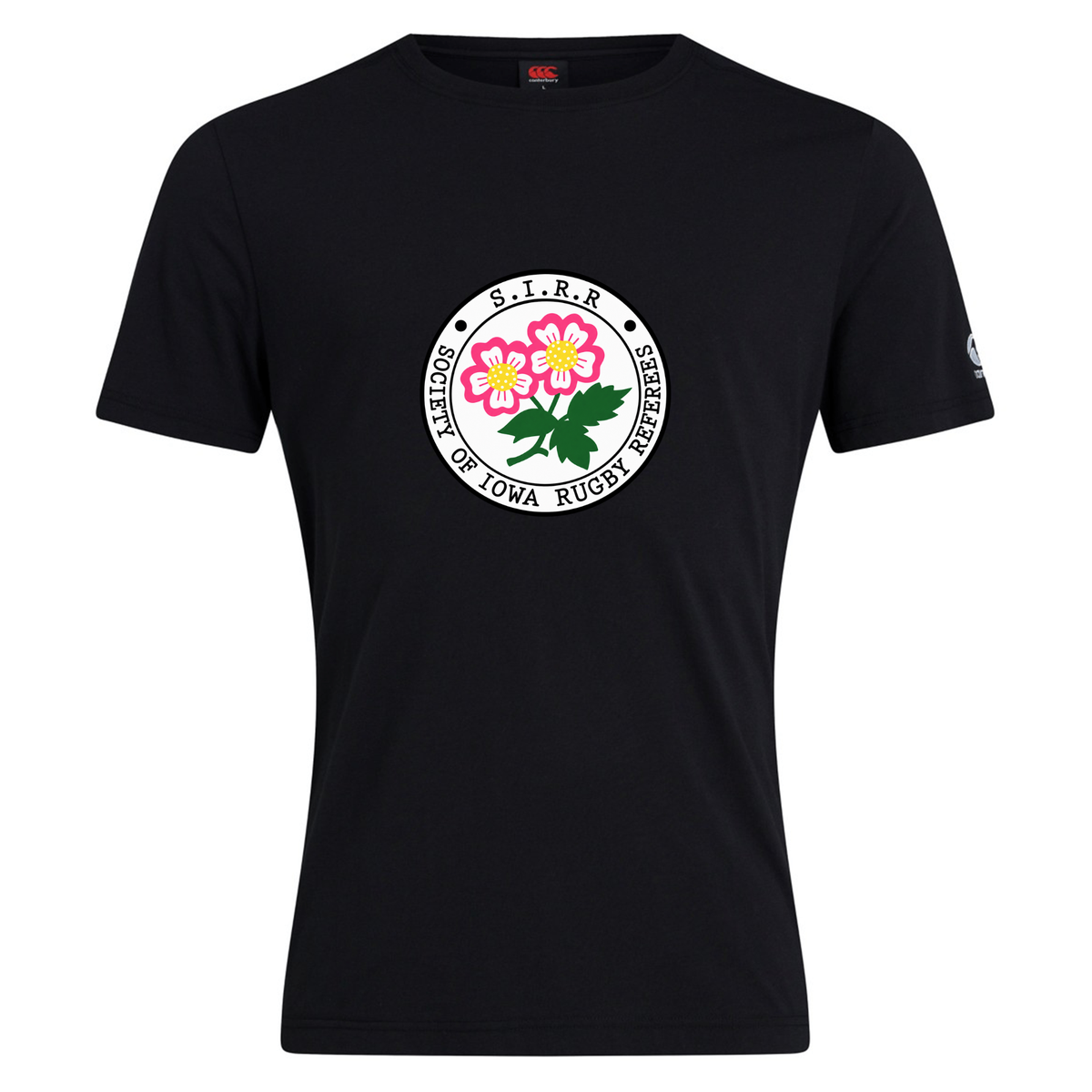 The Society of Iowa Rugby Referees Club Plain Tee by Canterbury from WRS Canterbury features a black cotton blend and displays a round logo with “Society of Iowa Rugby Referees” surrounded by two pink flowers and green leaves at the center—a perfect custom t-shirt for both fans and members.