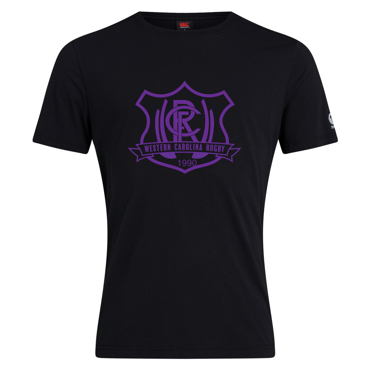 Western Carolina University Club Plain Tee by Canterbury featuring a black short-sleeved cotton blend t-shirt with a purple Western Carolina Rugby shield logo on the chest.