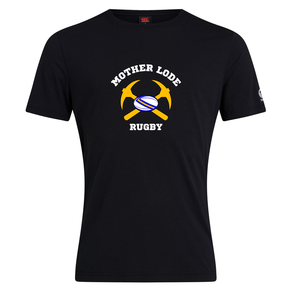 Black short-sleeved cotton blend Mother Lode Club Plain Tee by Canterbury with a chest graphic of crossed pickaxes, a rugby ball, and the text “MOTHER LODE RUGBY.”