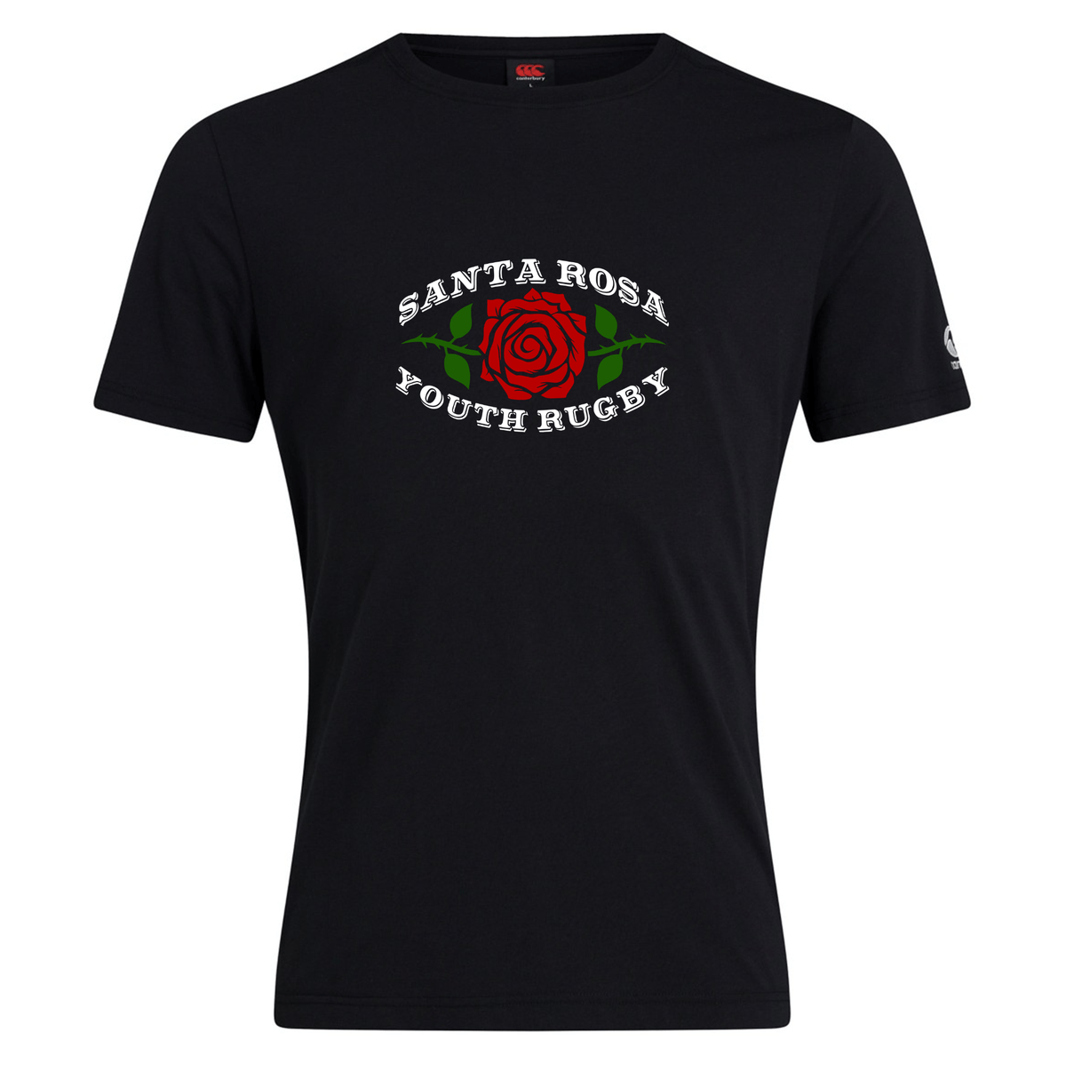 The WRS Canterbury Santa Rosa Youth Rugby Club Plain Tee is a black cotton blend t-shirt designed by Canterbury, featuring a vibrant red rose graphic with green leaves and bold “Santa Rosa Youth Rugby” text in white encircling the design. This customizable tee is ideal for fans eager to display their support in style.