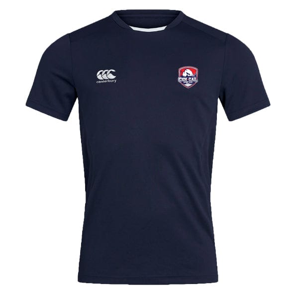 The CenCal Rugby Club Dry Tee by EMB Canterbury is a navy Club Dry T-shirt with short sleeves, Vapodri Technology, a white Canterbury logo on the right chest, and a red, white, and blue shield on the left chest.