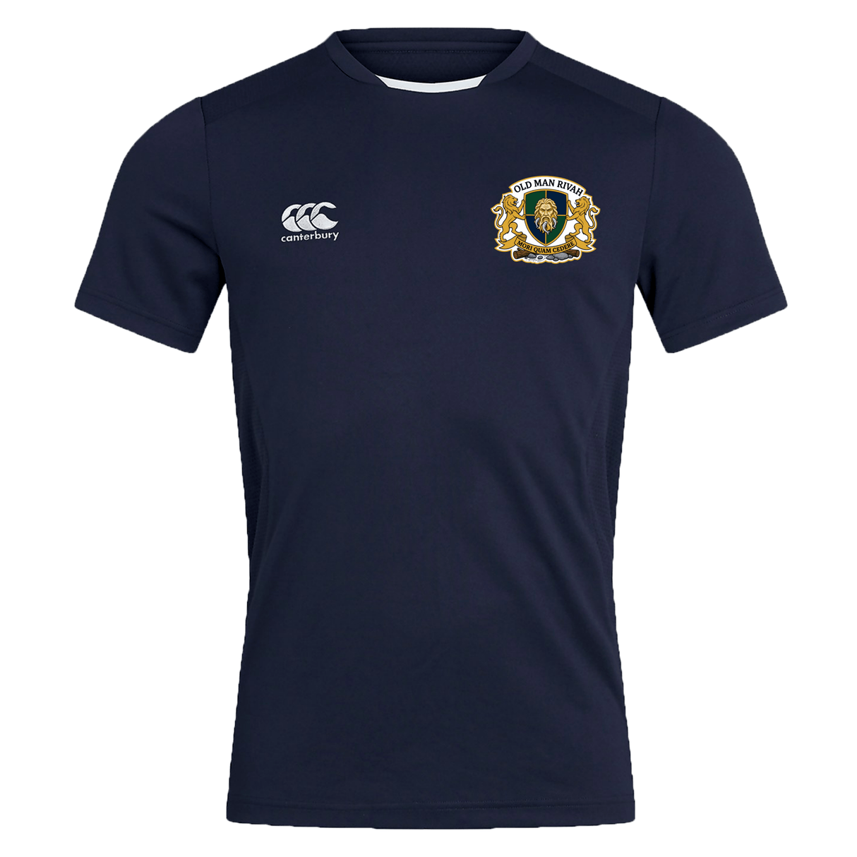 The Old Man Rivah Rugby Club Dry Polo by Canterbury is a navy short-sleeve polo with Vapodri Technology, a white EMB Canterbury logo on the right chest, and a lion crest with "Old Man Rugby" on the left.