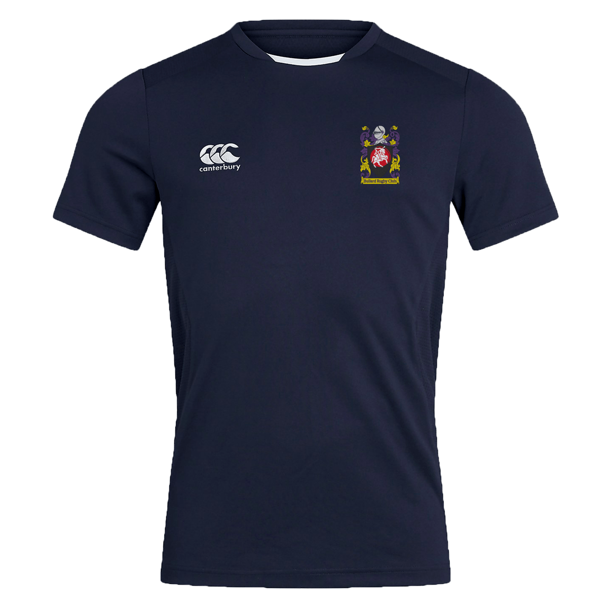 Bullard Rugby Club Dry Tee by EMB Canterbury in navy blue, showcasing a white Canterbury logo on the right chest and an embroidered crest on the left, complete with CCC branding for authenticity. Designed with Vapodri Technology to ensure you stay cool and dry.