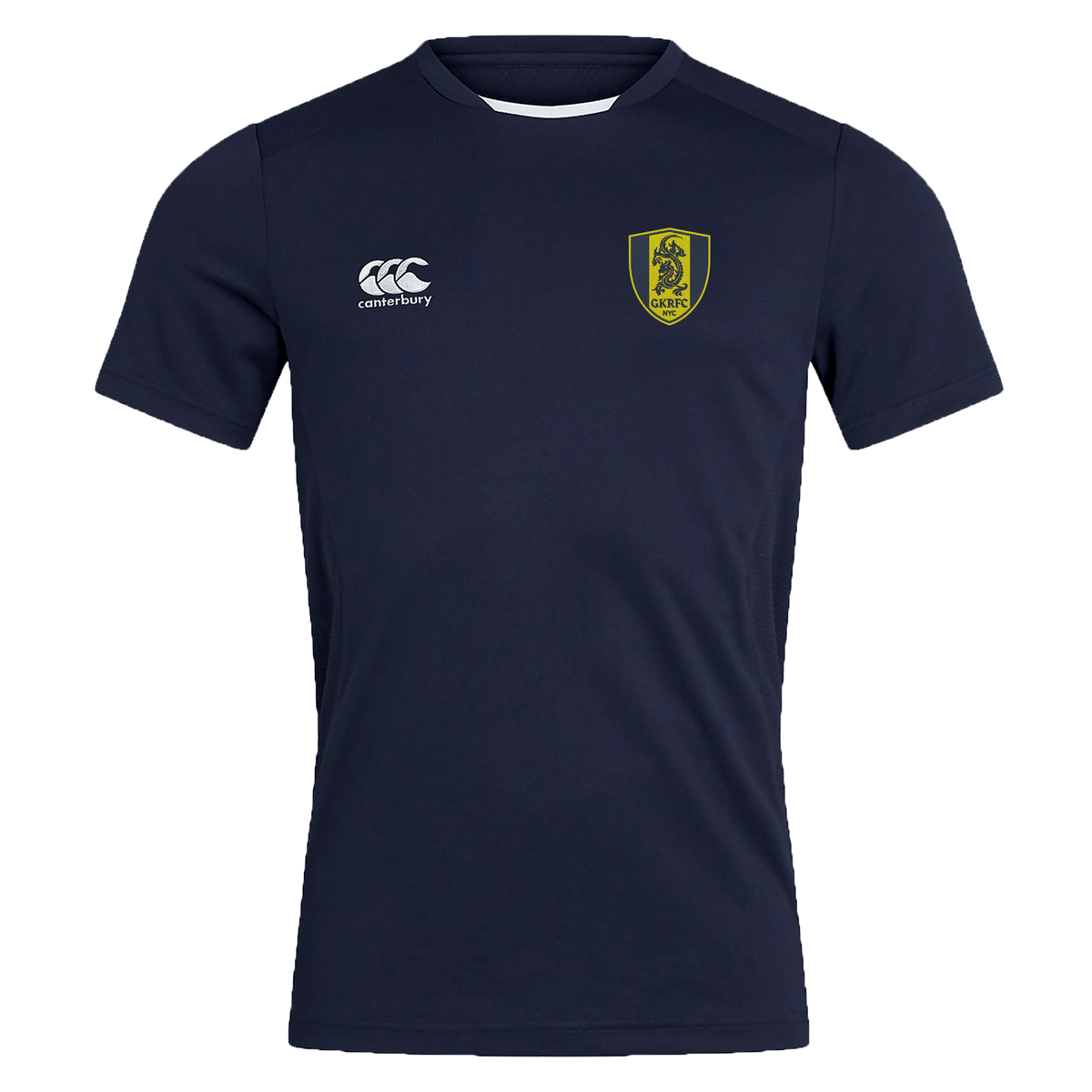 The Gotham Knights Club Dry Tee by Canterbury is a navy blue sports jersey with a white "Canterbury" logo on the right chest and a yellow and green emblem on the left chest. Crafted with Vapodri Technology, it ensures optimal performance and comfort.