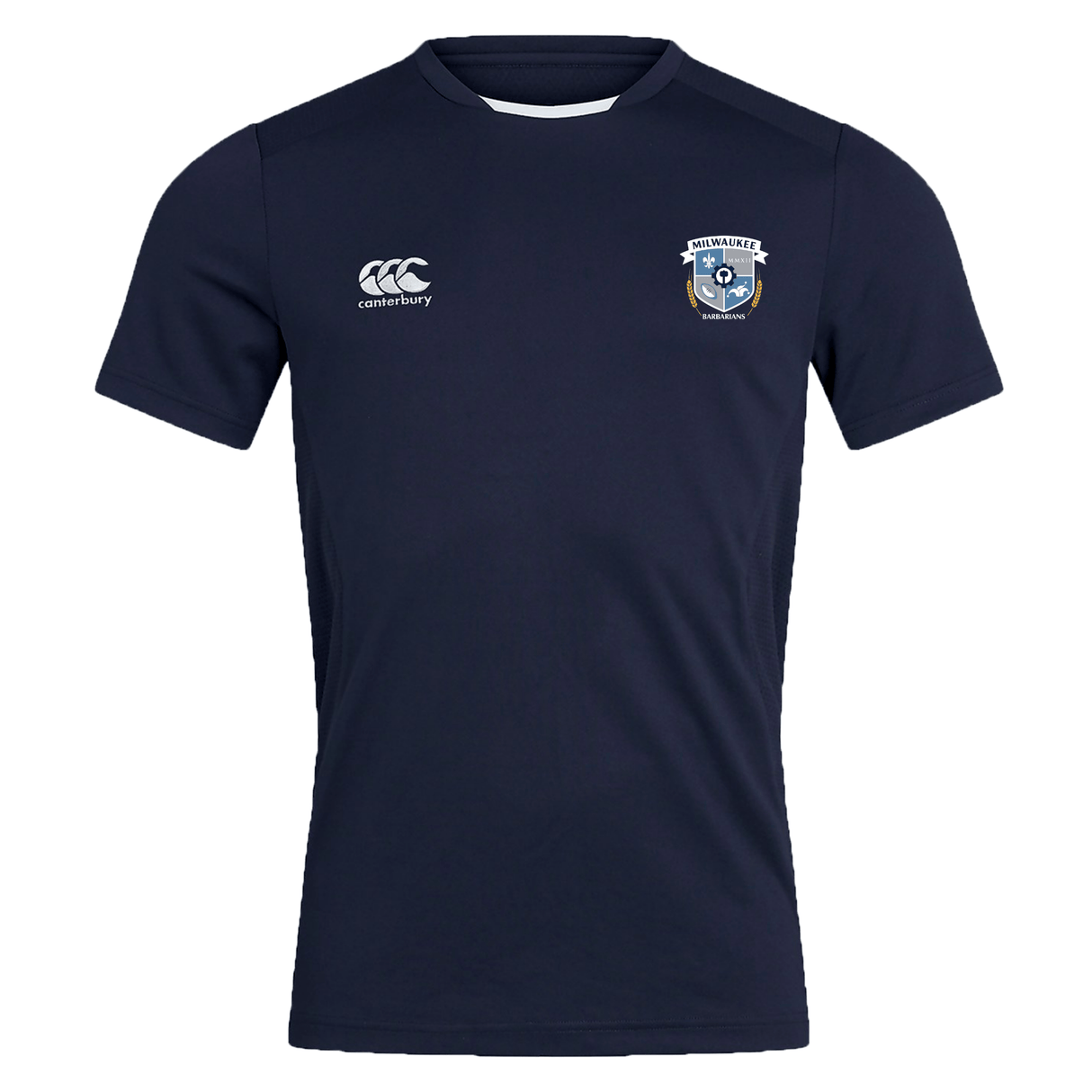 The Milwaukee Barbarians Rugby Club Dry Tee by EMB Canterbury is a navy short-sleeve jersey with Vapodri Technology, featuring a white "Canterbury" logo on the right chest and the club crest on the left.