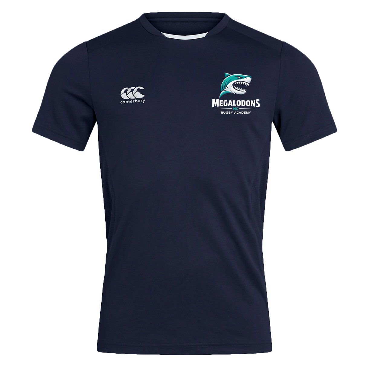 The NC Rugby Academy - Megalodons Club Dry Tee by EMB Canterbury is a navy blue short-sleeve shirt with Vapodri Technology, featuring the "Canterbury" logo on the right chest and "Megalodons Rugby Academy" logo on the left.