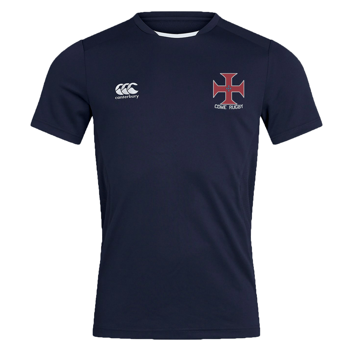 Navy-blue SF CDME Rugby Club Dry Tee by Canterbury, featuring advanced Vapodri Technology for superior moisture management, a white EMB Canterbury logo on the right chest, and a red cross emblem with "CDME RUGBY" text on the left chest.